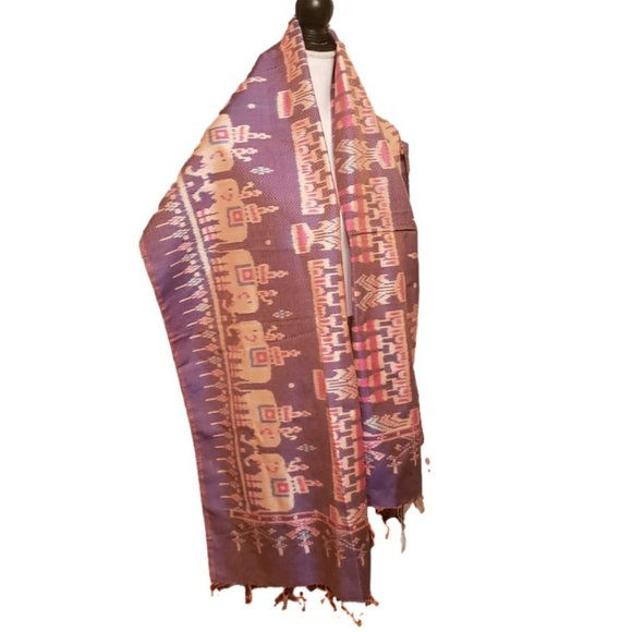 Scarf 100% Silk Pink Elephant Indian Stole Katha - Picture 1 of 3